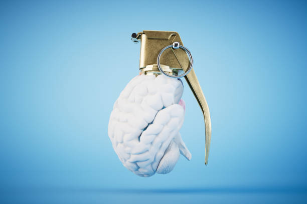 istock Brain explosion. A grenade in the form of a brain on a blue background. 3D render 1497925915
