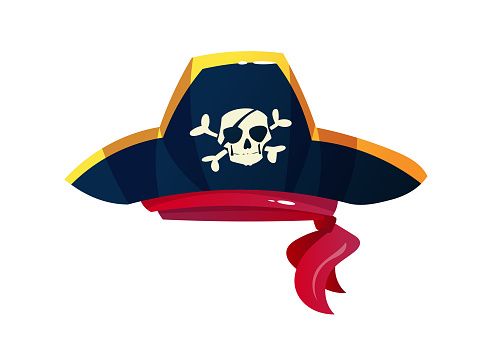Pirate color icon. Captain hat with skull and crossbones. Robber cap with jolly roger from fairy tales. Sticker for apps and social media. Cartoon flat vector illustration isolated on white background