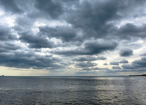 Dramatic stormy dark cloudy sky over sea, natural dramatic theme wallpaper