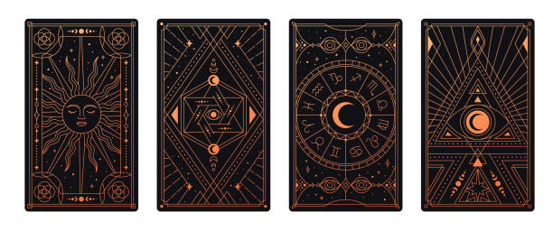 illustrazioni stock, clip art, cartoni animati e icone di tendenza di set di tarocchi esoterici - fortune telling astrology sign wheel sun