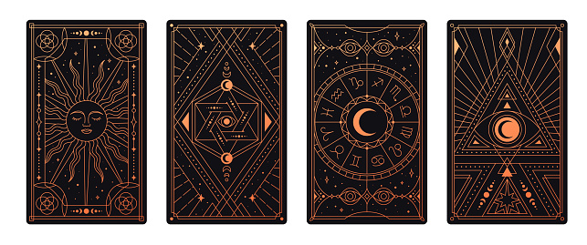 Esoteric tarot card set. Magic poster for divination and prediction of fate. Geometric sacred print with astrology and destiny. Occult mystical symbol and natal chart. Cartoon flat vector illustration