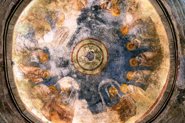 Frescoes with the faces of saints on the ceiling of the Church of St. Nicholas. Myra (Demre), Turkey. Inside the dome picture.