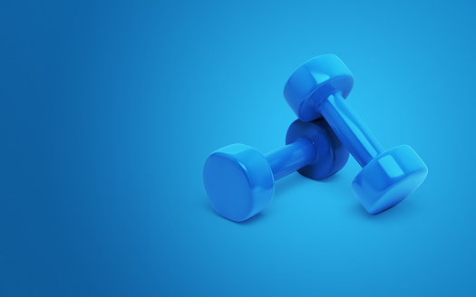 3d Render Red Plastic Dumbbell Gradient Blue Background, Object Path, Can be used for healthy life, sports, yoga, medical concepts.