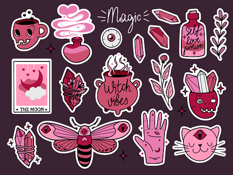 Hand drawn set with esoteric and fantasy wiccan stickers, isolated vector illustration in colored doodle design with outline on a dark background