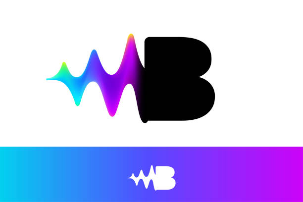 Letter B logo with sound wave flow. Vibrant line glitch effect. Multicolor neon gradient icon. Vector font for audio label, multimedia company advertising, DJ posters, game screens, music identity. music speaker logo stock illustrations