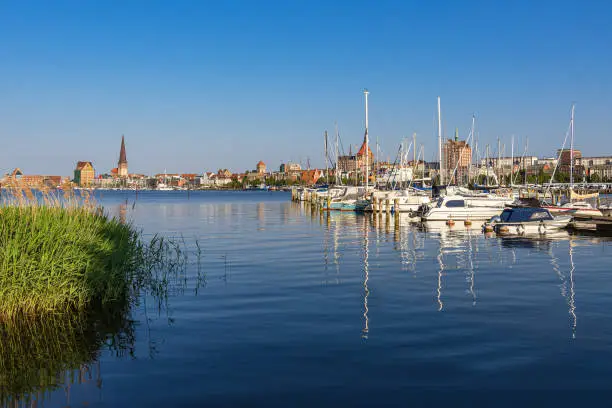 View over the river Warnow to the Hanseatic City of Rostock.