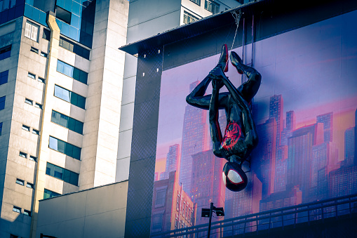 Sao Paulo, Sao Paulo - Brazil - June 11, 2023: Decoration of Burger King building in SÃ£o Paulo with a spider man theme