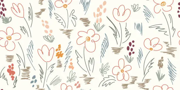 Vector illustration of Seamless pattern - Field, meadow, garden, different bright flowers, grass. Drawing in the style children's doodle. doodles are drawn by a child's hand with colored pencils. Childish primitive doodle