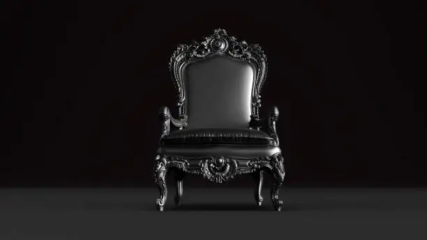 Photo of black king armchair on dark background, king throne