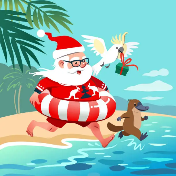 Vector illustration of Cute happy Santa Claus running into ocean on a beach in Australia with platypus and sulphur-crested cockatoo with palm trees in background.