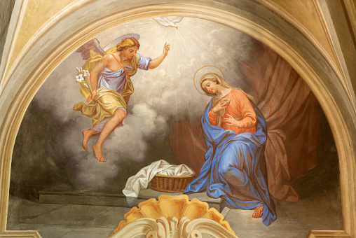 Courmayer - The fresco of Annunciation in church Chiesa di San Pantaleone by Nino Pirlato.
