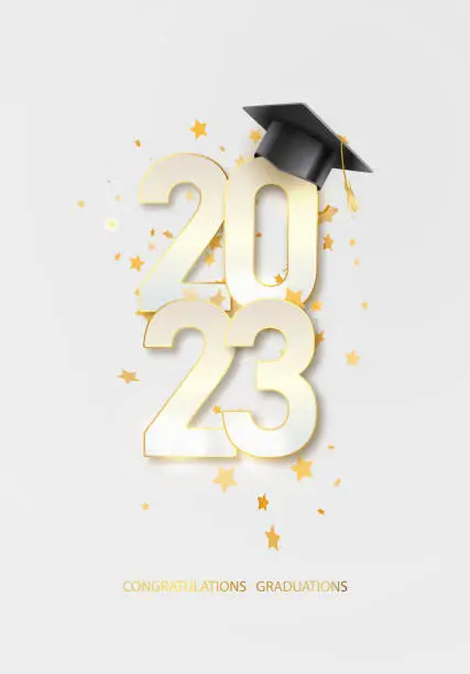 Vector illustration of Class of 2023 with graduation cap. Congrats Graduation . Template for design party high school or college, graduate invitations or banner. Vector