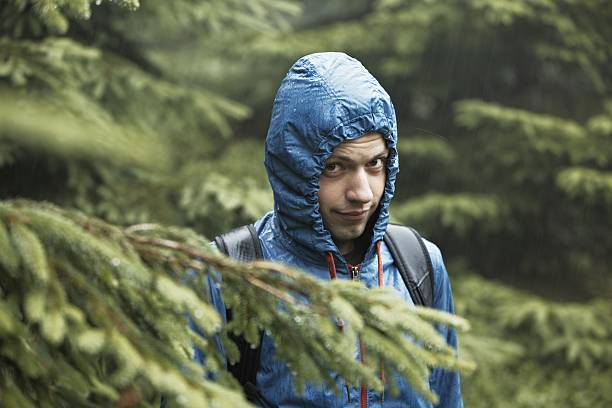 regen wald - drenched raincoat rain clothing stock-fotos und bilder