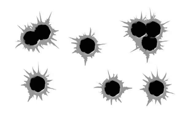 Vector illustration of Bullet hole template. Damage and cracks on surface from bullet. Vector