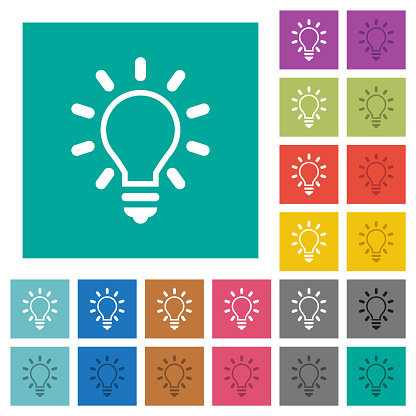 Lighting bulb outline multi colored flat icons on plain square backgrounds. Included white and darker icon variations for hover or active effects.