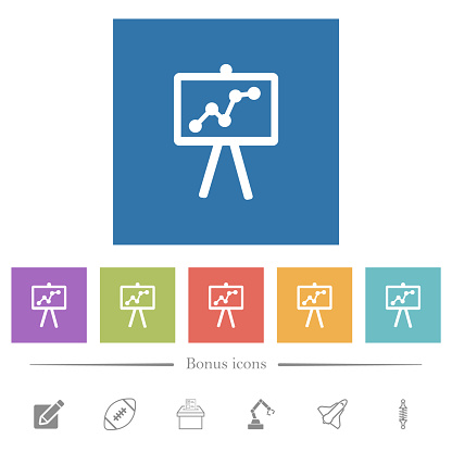 Presentation board with graph flat white icons in square backgrounds. 6 bonus icons included.