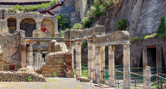 Excavated ruins of Herculaneum ancient site buried under volcanic ash in the eruption of Mount Vesuvius