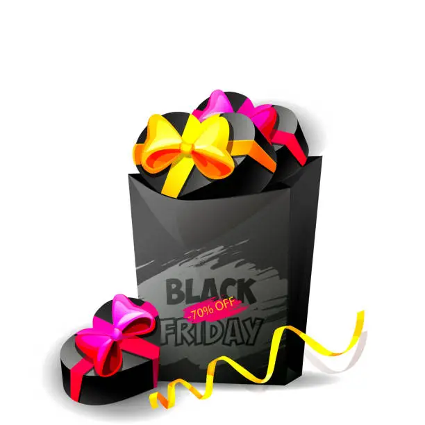 Vector illustration of Seasonal sales concept in cartoon style. Black Friday. Black gift paper bag with gifts and confetti on an isolated white background. Bright creative holiday poster or banner.