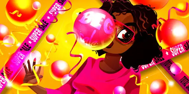 Vector illustration of Seasonal sales concept in cartoon style. Black Friday. Young beautiful african american girl with bubble gum on abstract colorful holiday background with barrier tapes and confetti. Bright creative holiday poster or banner.