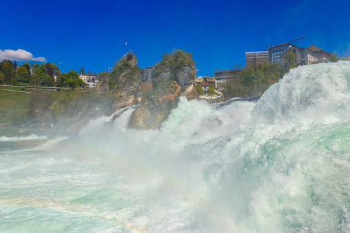 View of Rhine Falls in Schaffhausen canton, Switzerland. Most powerful waterfall in Europe