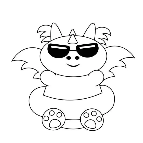 Vector illustration of Cute cartoon dragon in sunglasses and inflatable ring in black and white