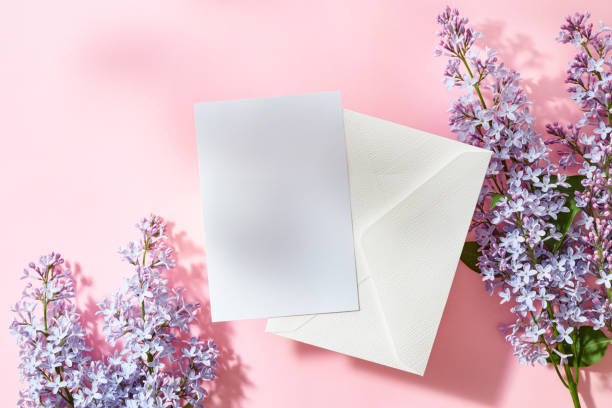 istock Mockup white greeting card and envelope with lilac branches on a pink background 1497949481