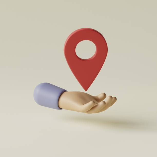 istock Cartoon hand holding location sign. 3d render illustration. 1497955424