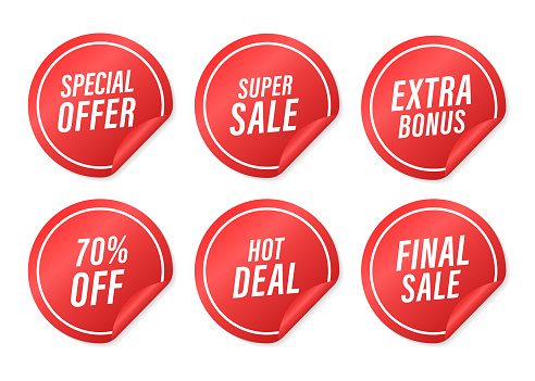 Collection stickers six circle badges for announcement discount in black, red label. Special offer, super sale, 70 percent off icons, Final sale, hot deal, Extra bonus. Vector illustration