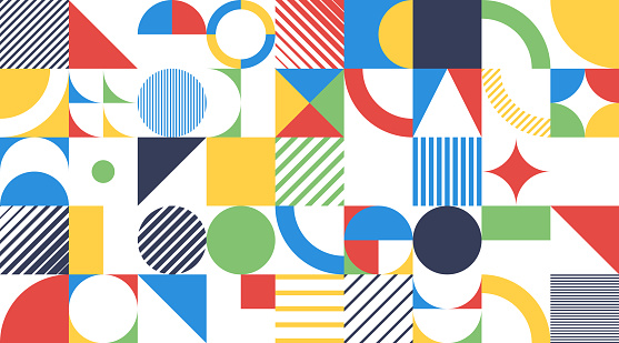 Seamless dark blue, yellow, red and green Bauhaus abstract vector shapes and circles background illustration for use as background template for business documents, cards, flyers, banners, advertising, brochures, posters, digital presentations, slideshows, PowerPoint, websites