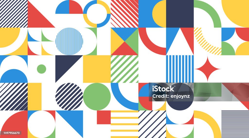 Seamless colorful abstract modern art retro pattern background wallpaper Seamless dark blue, yellow, red and green Bauhaus abstract vector shapes and circles background illustration for use as background template for business documents, cards, flyers, banners, advertising, brochures, posters, digital presentations, slideshows, PowerPoint, websites Pattern stock vector