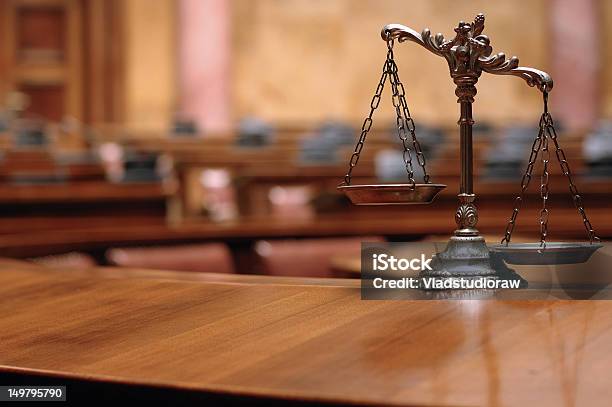 Decorative Scales Of Justice In The Courtroom Stock Photo - Download Image Now - Equal-Arm Balance, Justice - Concept, Legal System