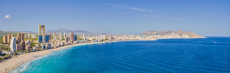 Panorama of the city of bendidorm, with its skyscrapers and beaches. Considered the capital of the Costa Blanca. In Benidorm, Alicante, Spain.