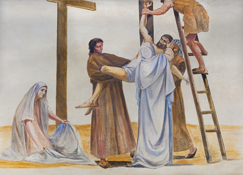 Barcelona - The modern fresco of Deposition of the cross in the atrium of church Església de la Concepció by unknown artist from 19. cent.