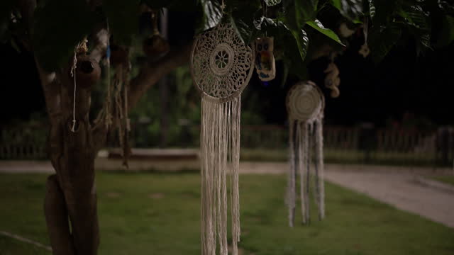 Handmade dreamcatcher hanging in the tree at night