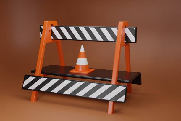 istock 3d render one traffic cone with Road safety barrier. Striped traffic obstacle isolated on orange background. Work zone safety on highway construction. Warning under construction sign. Vector realistic 3d illustration 1497960884