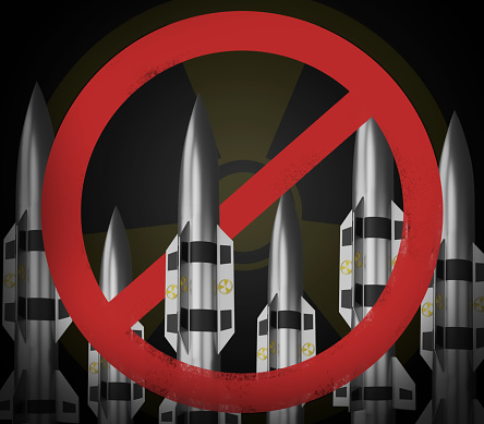 Banning Nuclear Weapons Background with missiles, 3d rendered. Nuclear missiles wallpaper with ban icon