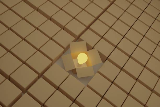 istock Stand out from the crowd different creative idea concepts  Think outside the box and individuality concept, one glowing light bulb over opened cardboard box 3d render 1497960985