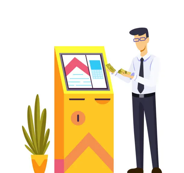 Vector illustration of Bank office interior design. Modern financial center. Aassistant near the POS terminal offering personal help inside room view. Banking service finance manager