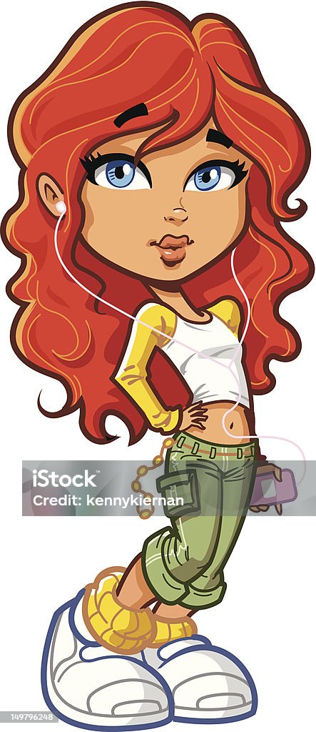 Pretty Redhead sexy cute pretty young redhead listening to music with earbuds and a portable digital music mp3 player Adult stock vector