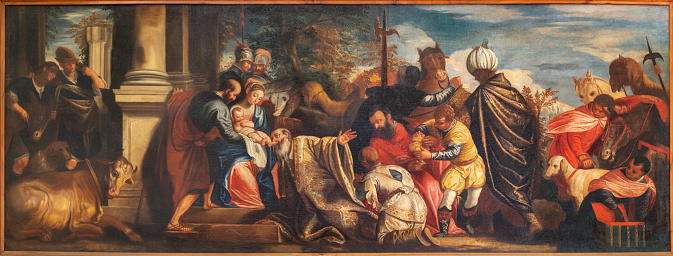 Annecy - The painting of Three Magi in the church Eglise Saint Maurice by unknown artist 18. cent..