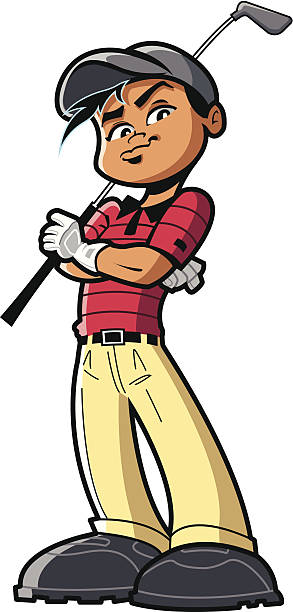 Golfer Cool and confident man boy golfer with red shirt and golf club, arms folded across chest, with attitude. humphrey bogart stock illustrations