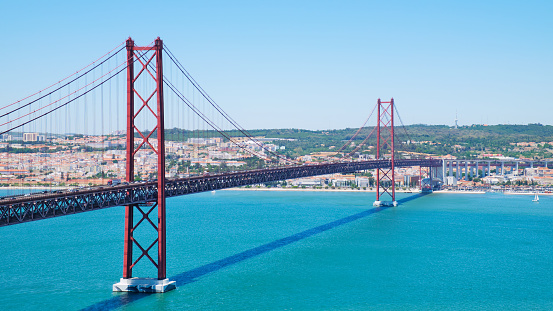 The 25 April bridge in Lisbon above the Tejo river is the great architectural construction and city sight.