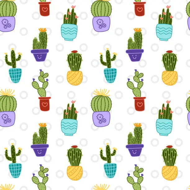 Vector illustration of Cactus seamless pattern.  Cacti. Flowering plants. Doodle, cartoon, vector