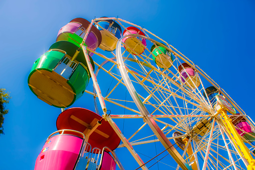 Photo of a brightly colored ferris wheel towering above the camera