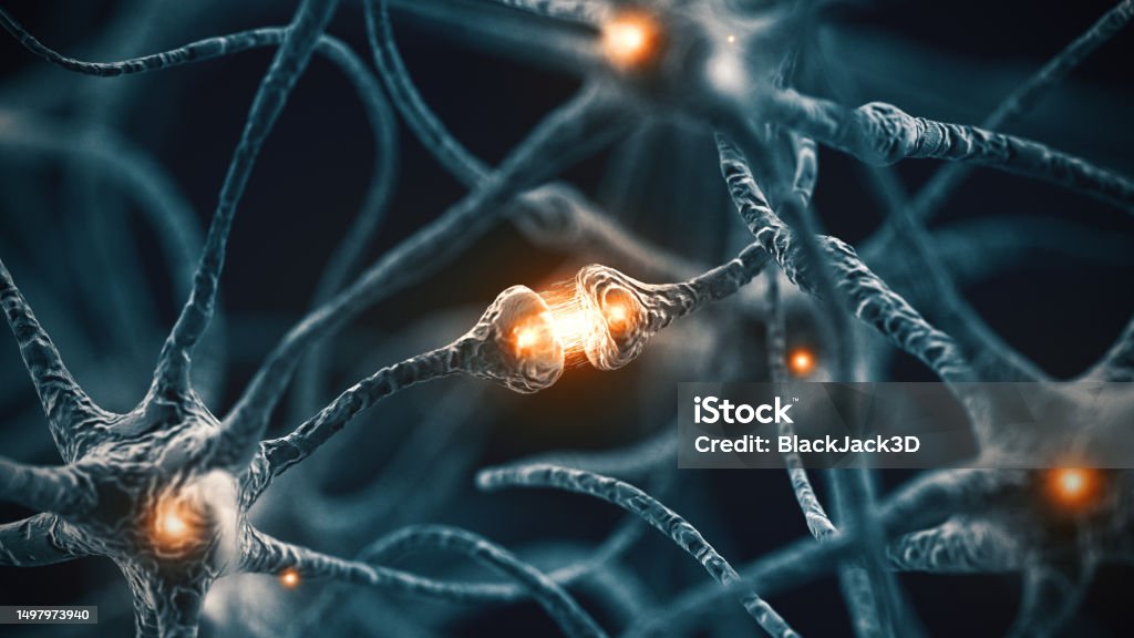 Synapse - Abstract Concept Synapse. Concept. 3D Render Nerve Cell Stock Photo