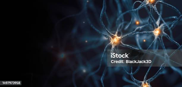 Neurons Abstract Concept Wide Copy Space Stock Photo - Download Image Now - Science, Healthcare And Medicine, Biological Cell