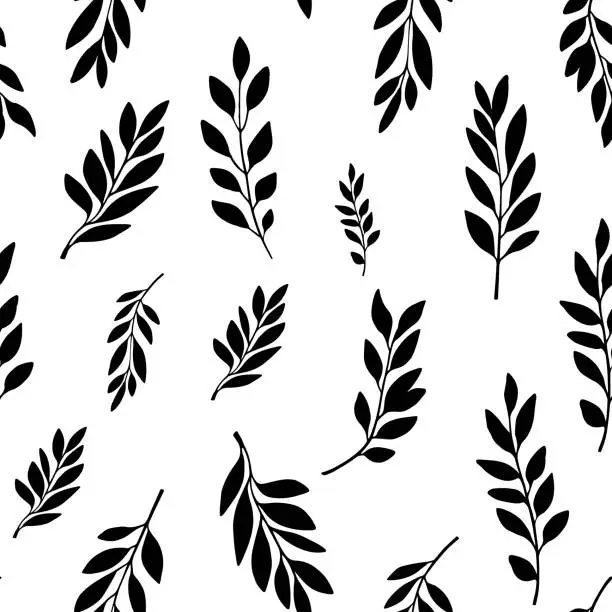 Vector illustration of Tropical leaves seamless black and white floral pattern. Hand drawn vector floral background. Sketchy laurel leaves . Abstract summer background.
