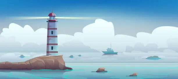 Vector illustration of Fog over the sea, a lighthouse on a rock illuminating the bay. A ship sailing in the fog, thick clouds on the horizon, a rocky sea reef. Seascape of the coast. Vector cartoon illustration.