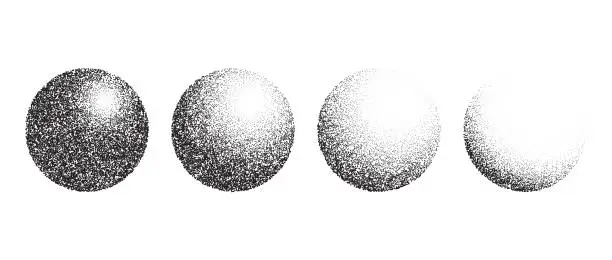 Vector illustration of Textured gradient spheres set. Black dotted circles collections. Stippled round elements pack. Fading noise grain dotwork shapes. Halftone effect illustrations bundle. Vintage retro vector