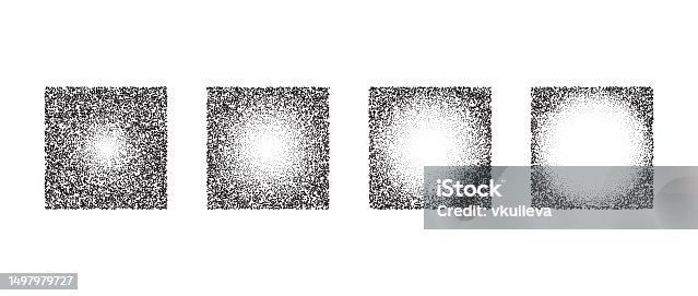 istock Fading square gradient set. Black dotted texture element collection. Stippled shade object pack. Noise grain dotwork shapes. Radial halftone effect illustrations bundle. Vector illustration 1497979727